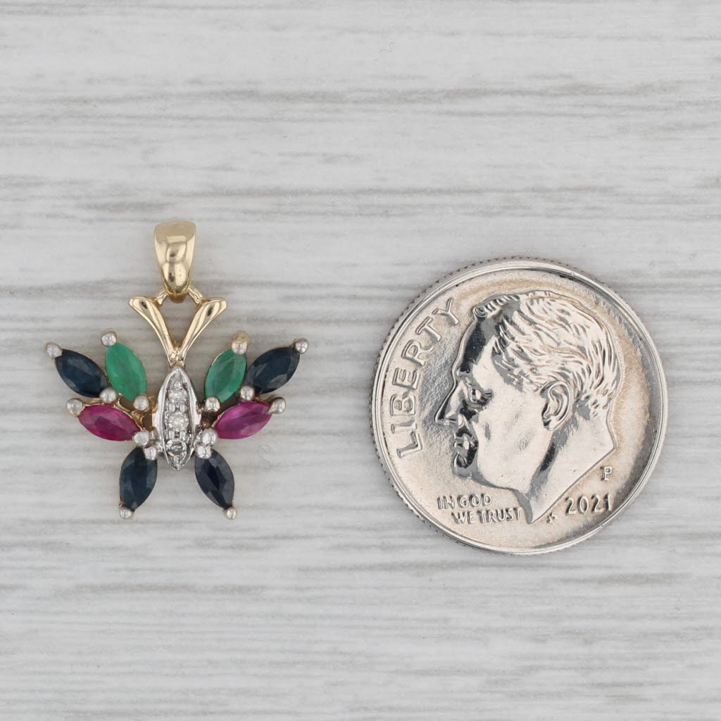 Gray 0.89ctw Gemstone Butterfly Pendant 10k Yellow Gold Ruby Emerald Sapphire Diamond