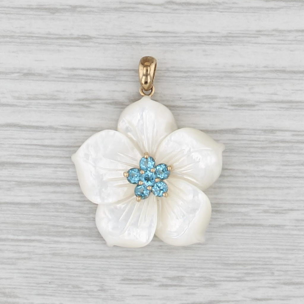 Mother of Pearl Aquamarine Flower Pendant 14k Yellow Gold Floral Jewelry
