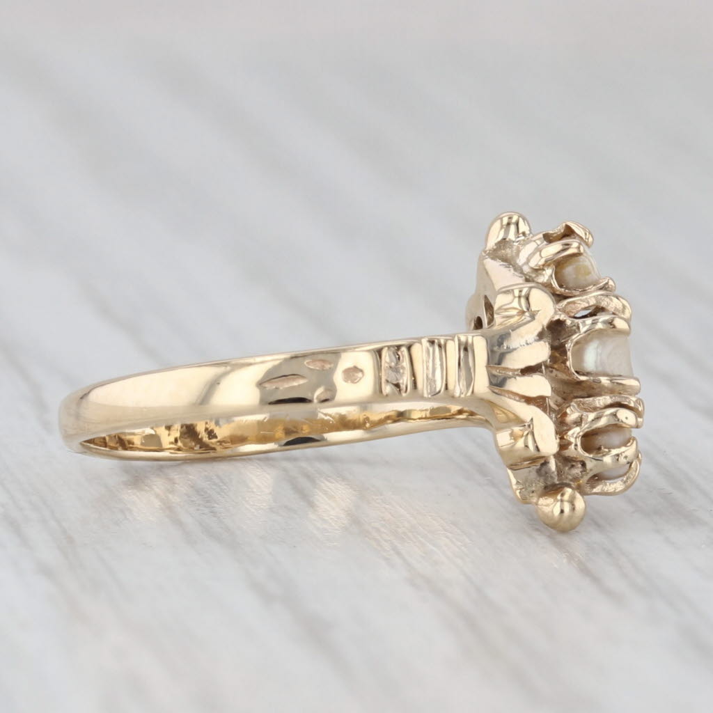 Light Gray Victorian 3-Stone Cultured Pearl Bypass Ring 14k Yellow Gold Size 4.5