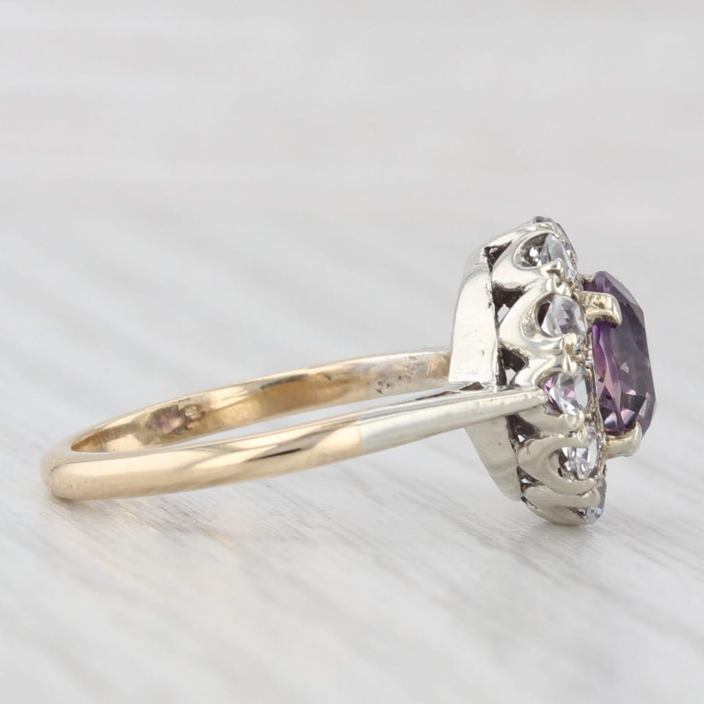 Vintage 1.15ct Amethyst Glass Halo Ring 9k White Yellow Gold Size 5.5