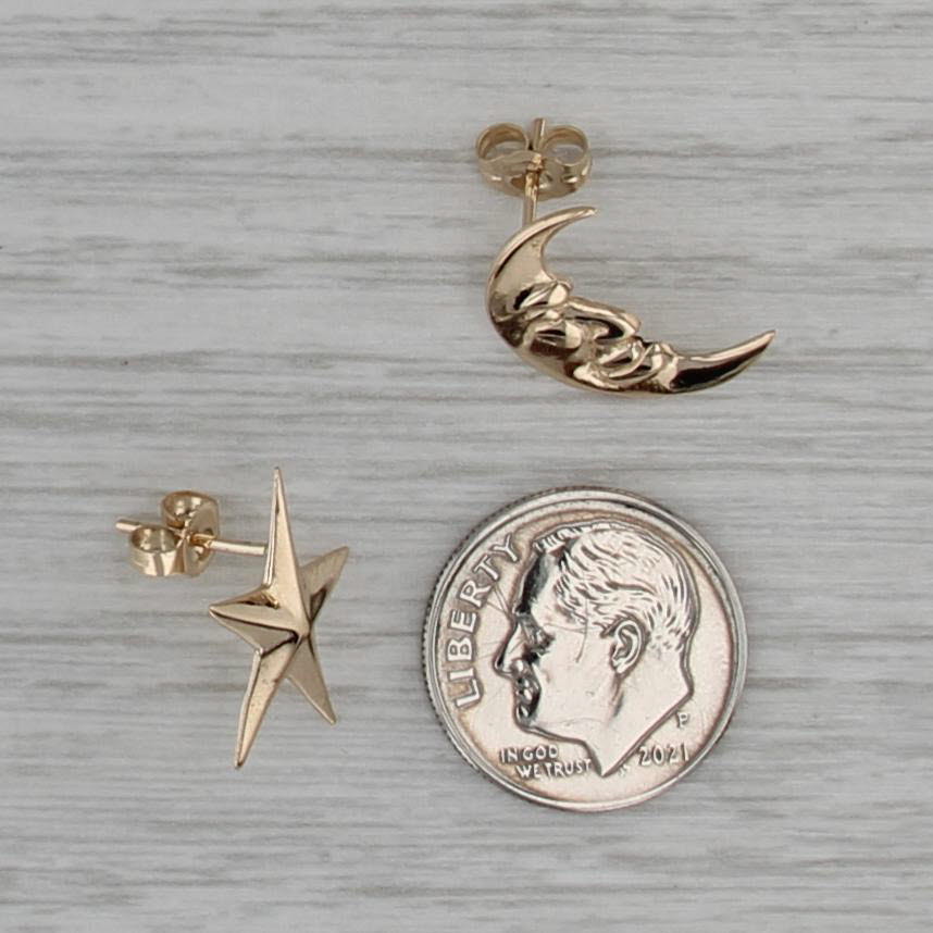 Moon & Star Stud Earrings 14k Yellow Gold Celestial Studs Moon w/ Face
