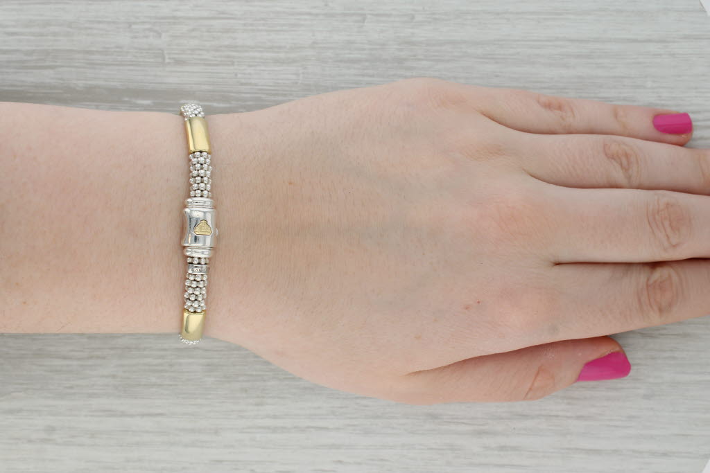 Dark Gray Lagos Caviar Six Station Bracelet Sterling Silver 18k Gold Pouch Booklet 6.75"