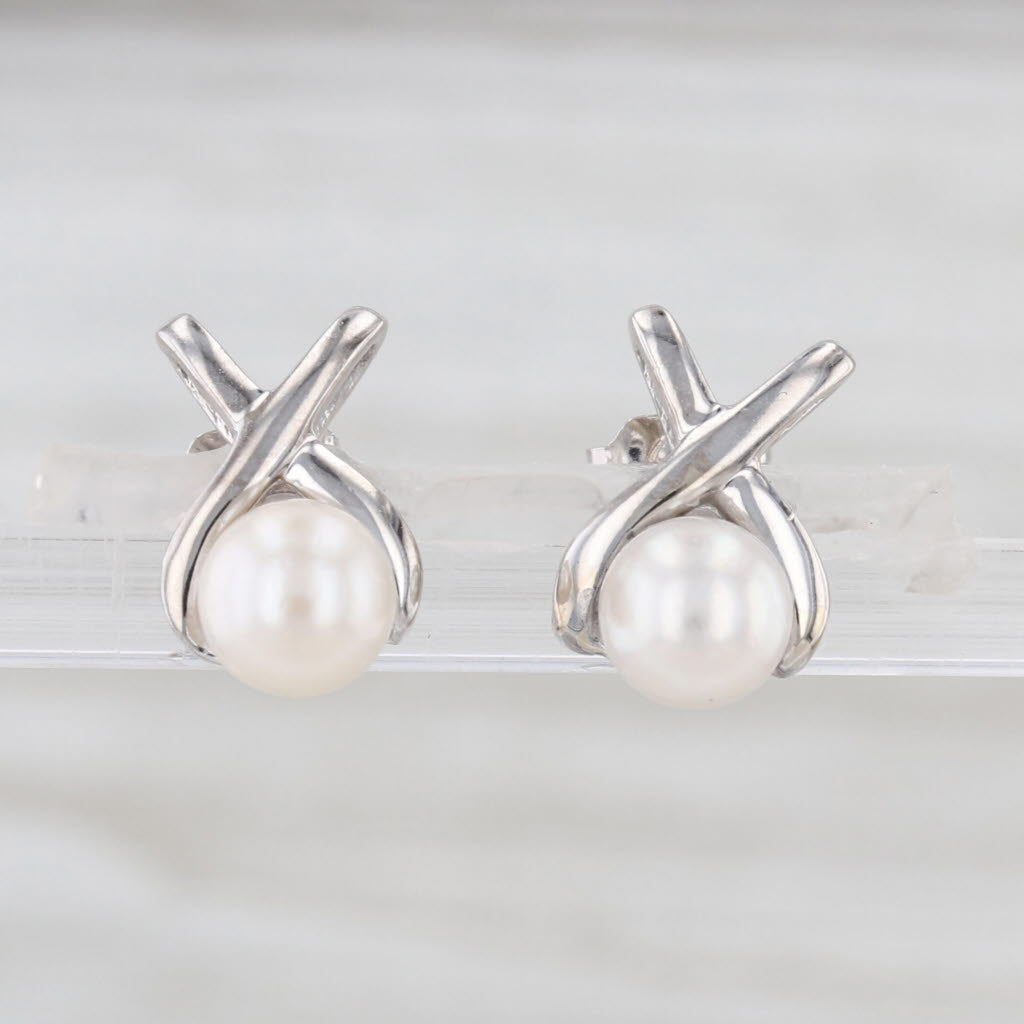 Cultured Pearl X Stud Earrings 10k White Gold 5.4-5.5mm Studs