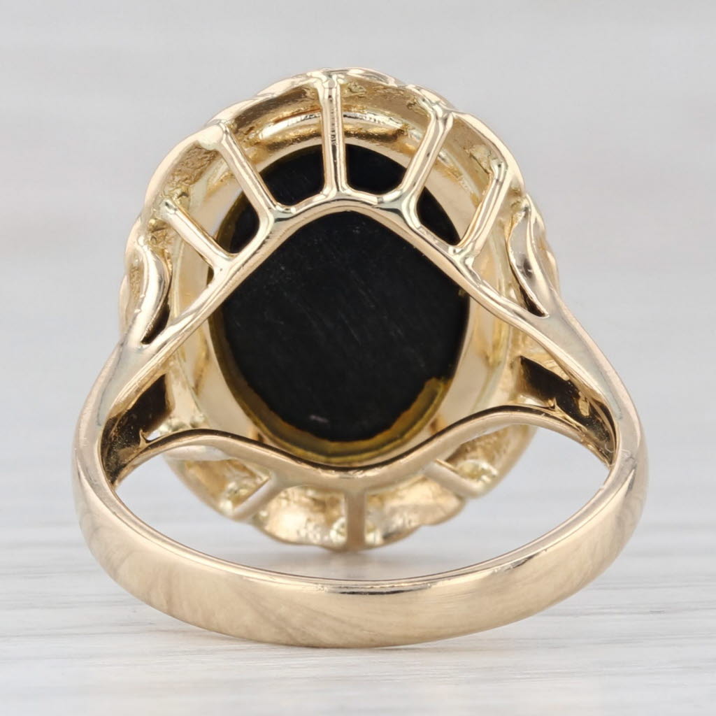 Light Gray Devitrified Glass Oval Cabochon Solitaire Ring 14k Yellow Gold Diamond Accents