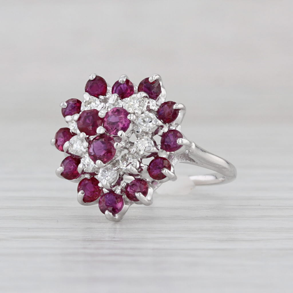 1.20ctw Ruby Diamond Cluster Flower Ring 14k White Gold Size 4