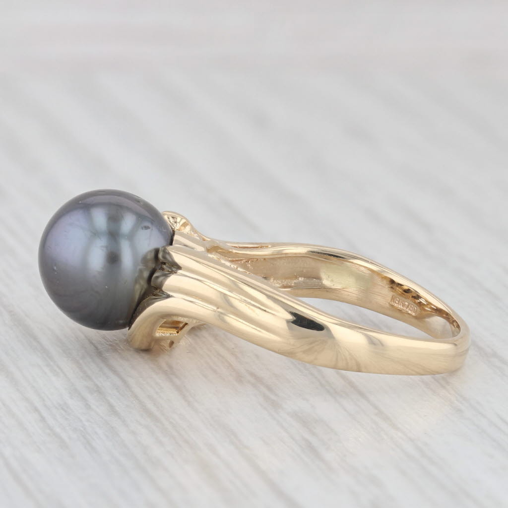 Light Gray Black Cultured Pearl Diamond Ring 18k Yellow Gold Size 7.5