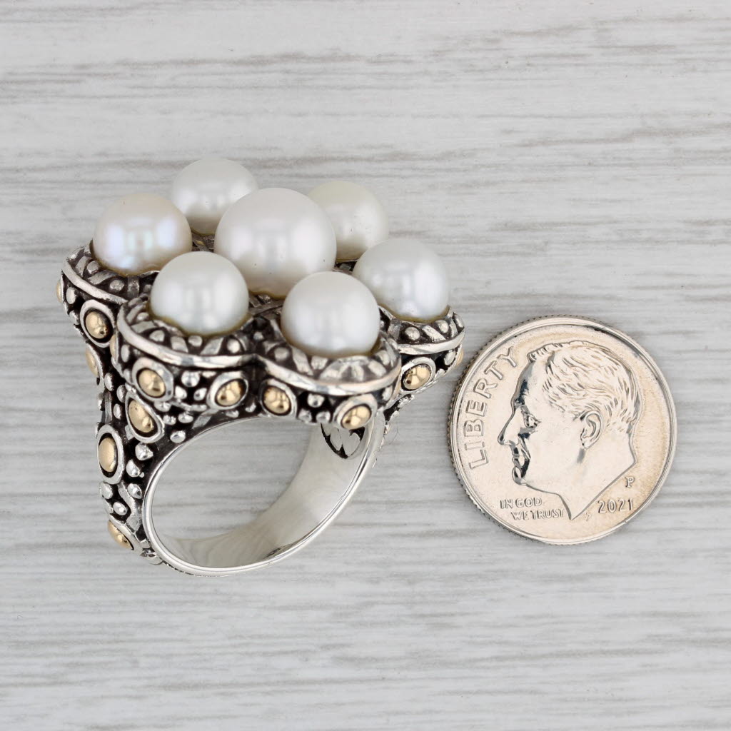 Gray John Hardy Cultured Pearl Cluster Ring Sterling Silver 18k Gold Size 7 Statement