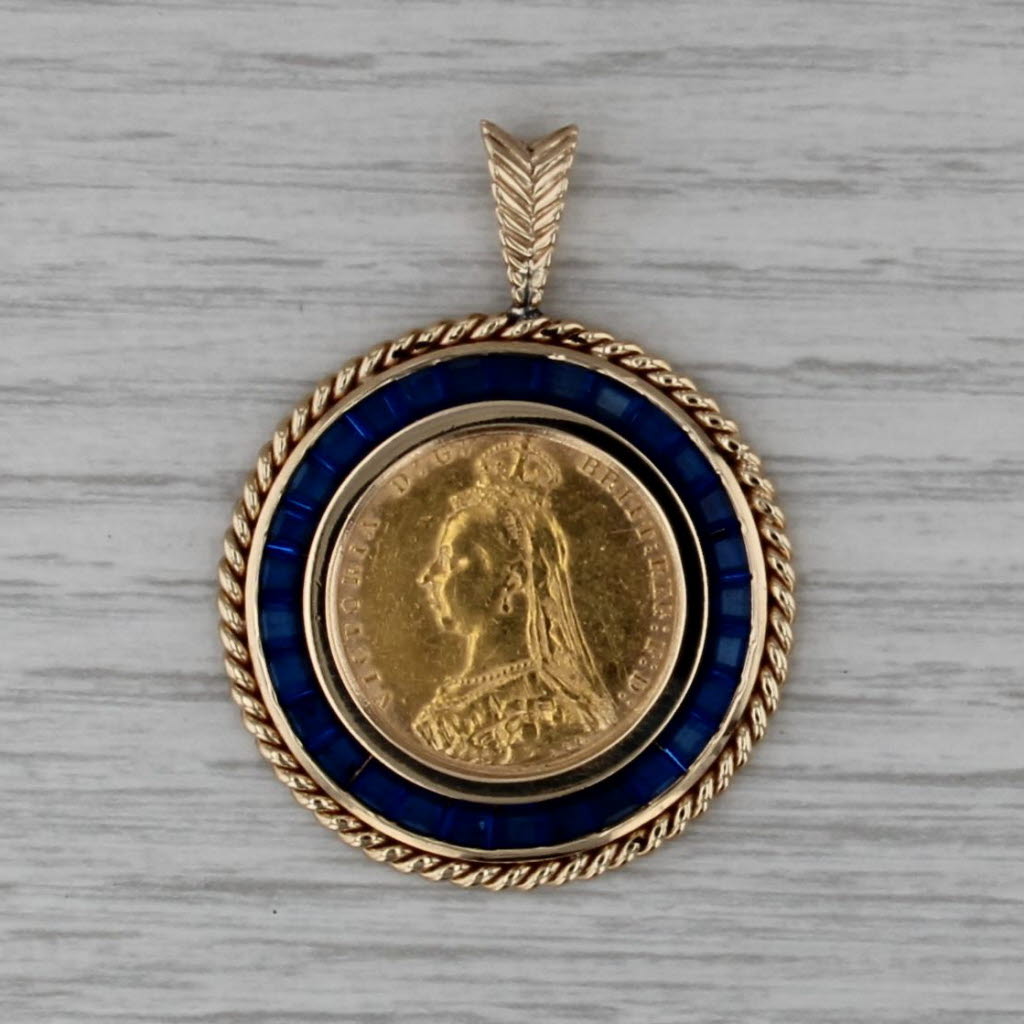 Lab Created Spinel Victoria 1887-1893 Jubilee Sovereign Pendant 14k 22k Gold
