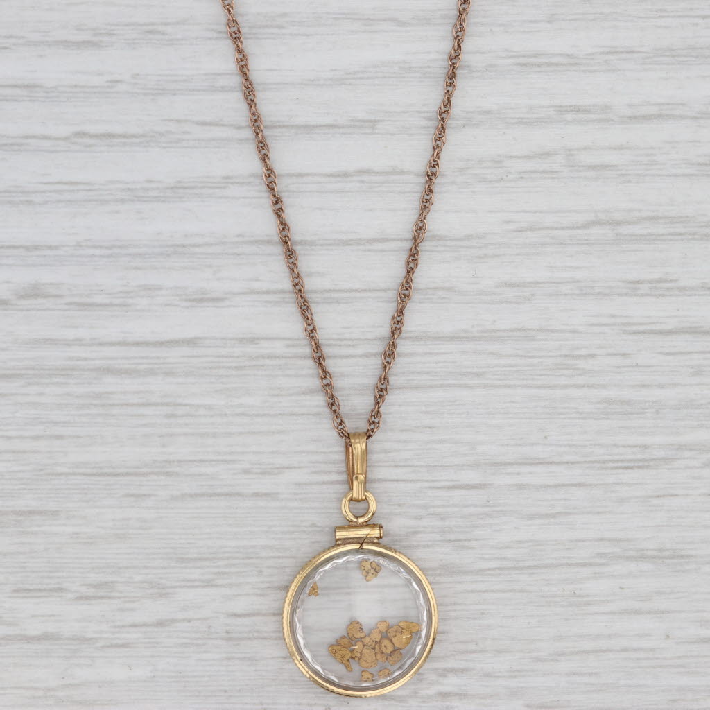 Light Gray Vintage Nuggets in Glass Pendant Necklace Gold Filled 18k 20" Rope Chain