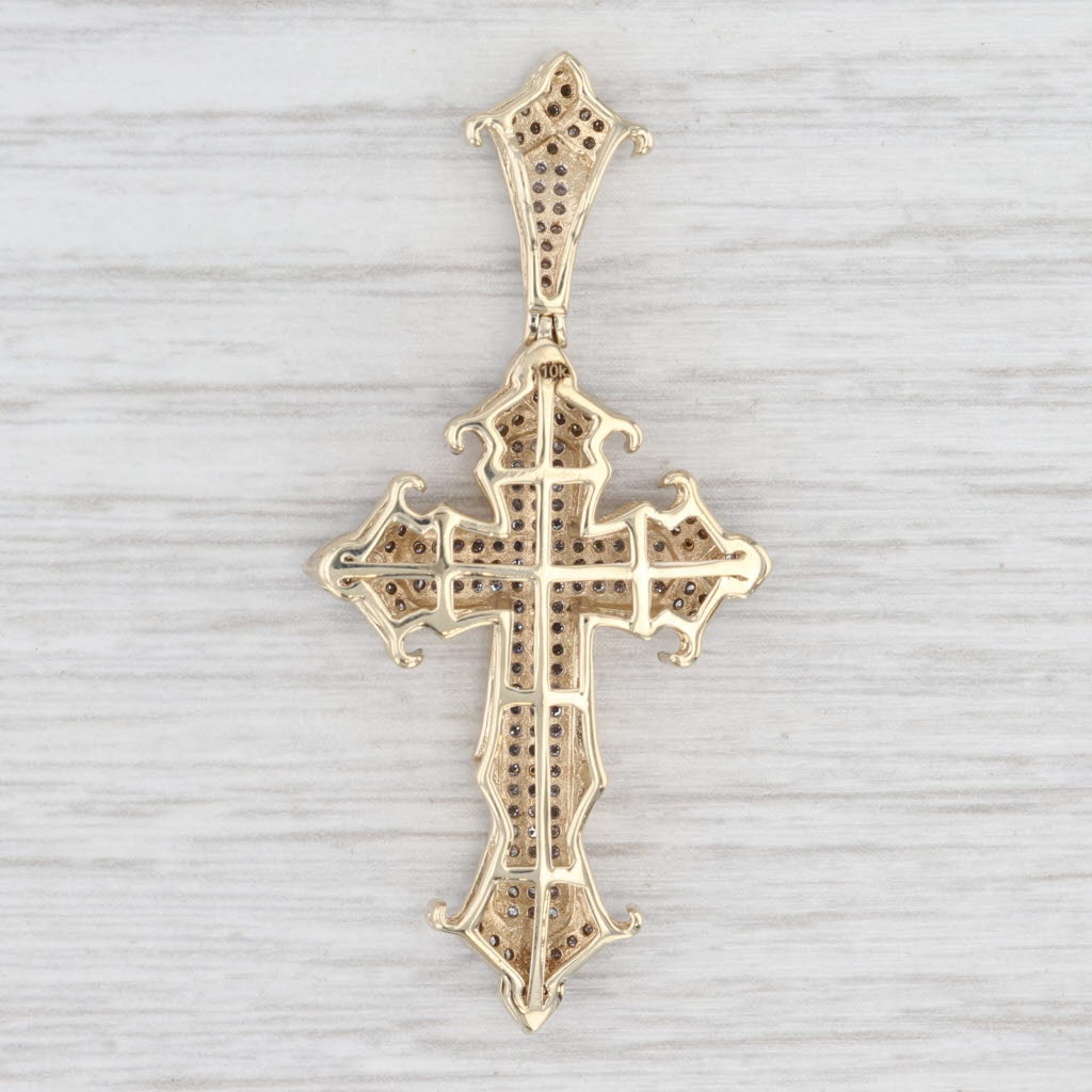Light Gray 0.50ctw Pave Diamond Cross Pendant 10k Yellow Gold Ornate Statement