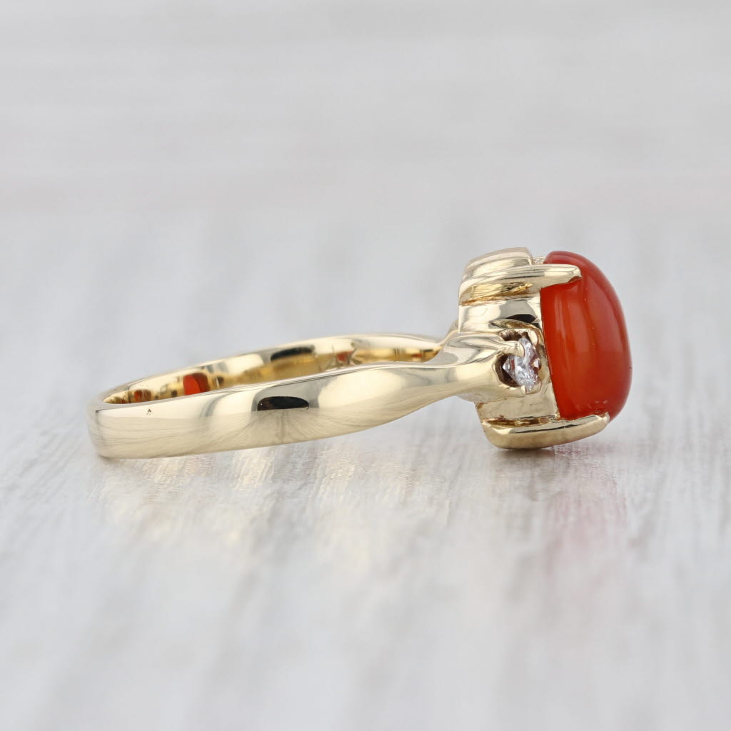 Fire Opal Cabochon Diamond Ring 14k Yellow Gold Size 7.75