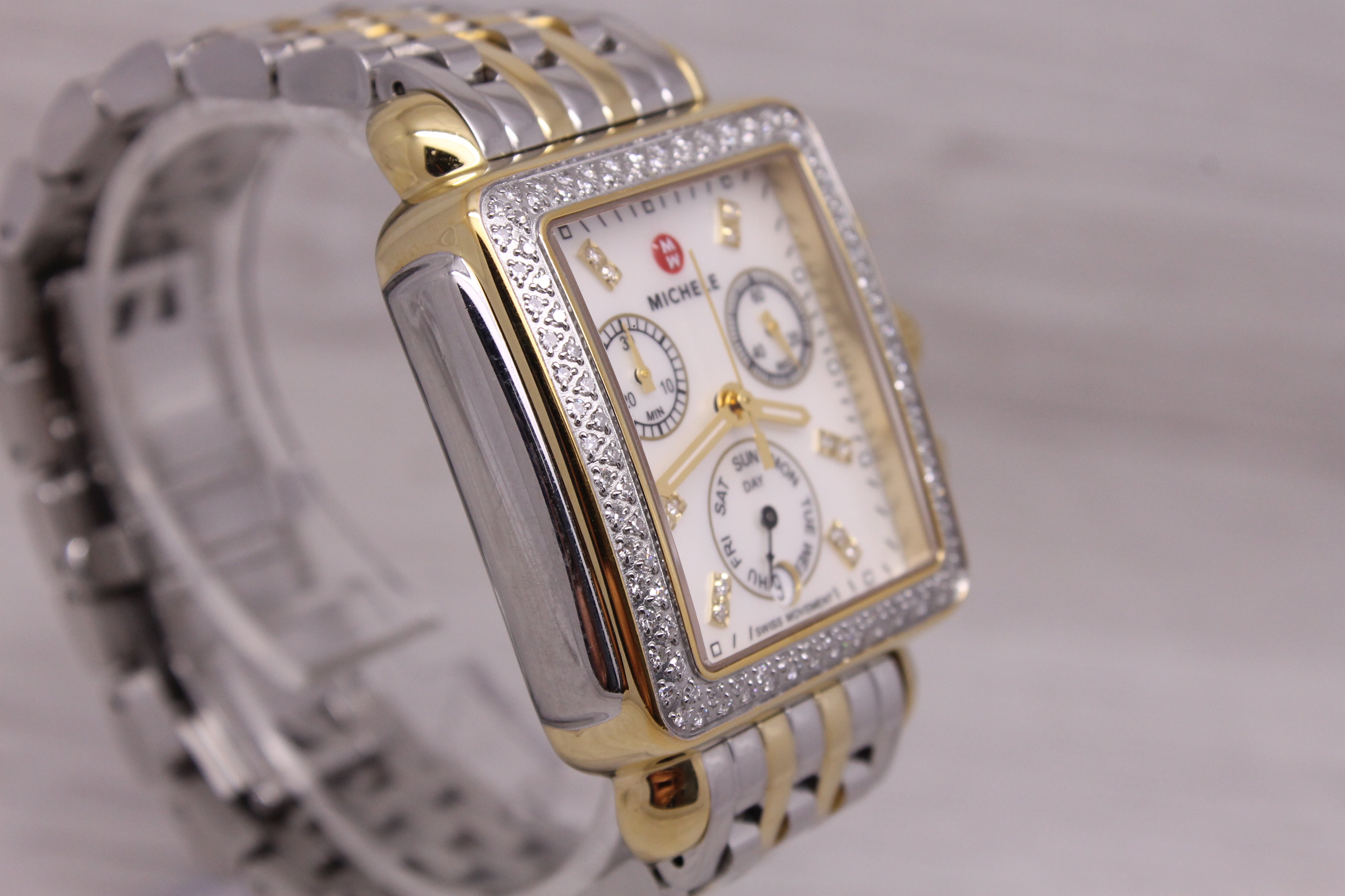 Rosy Brown Michele Ladies 2 Tone Quartz Chronograph Watch Diamond Bezel & MOP MW06P01C5046