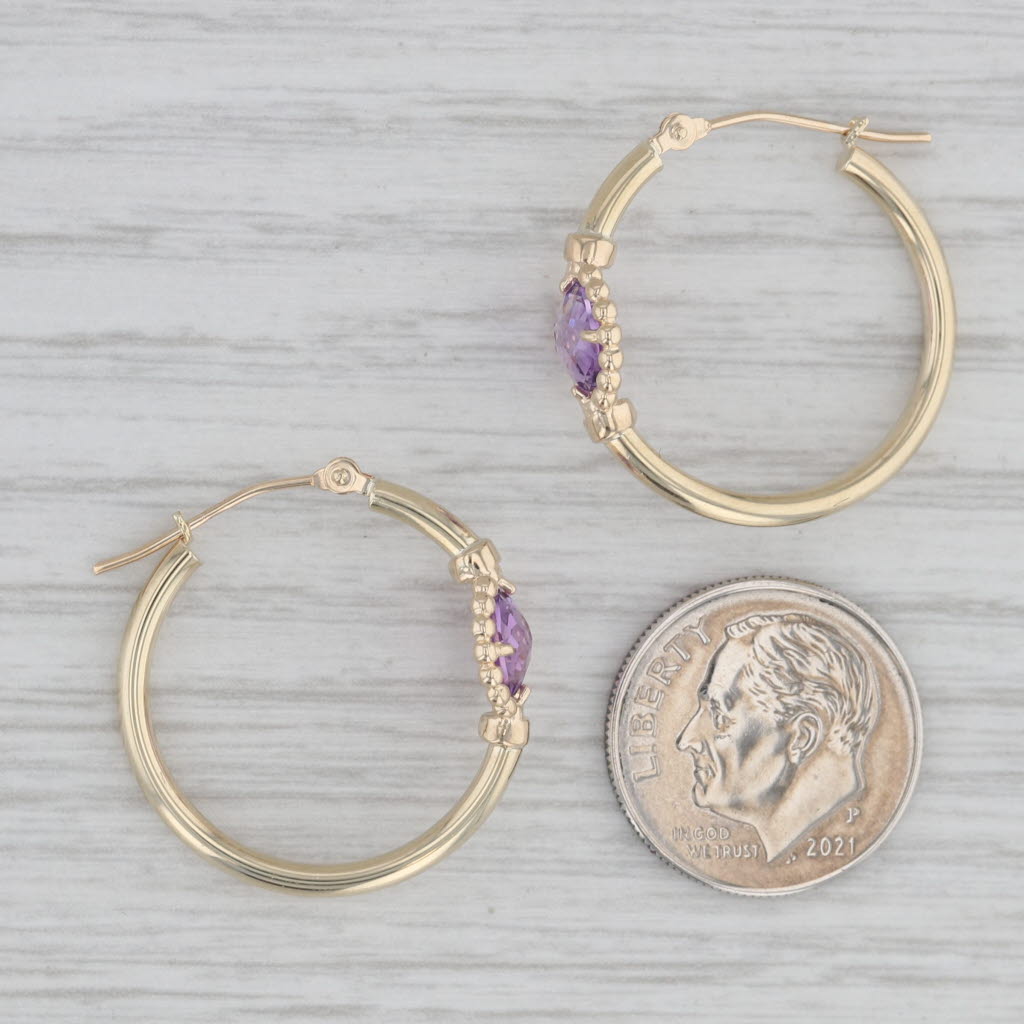Gray 1.20ctw Amethyst Hoop Earrings 10k Yellow Gold Snap Top Round Hoops
