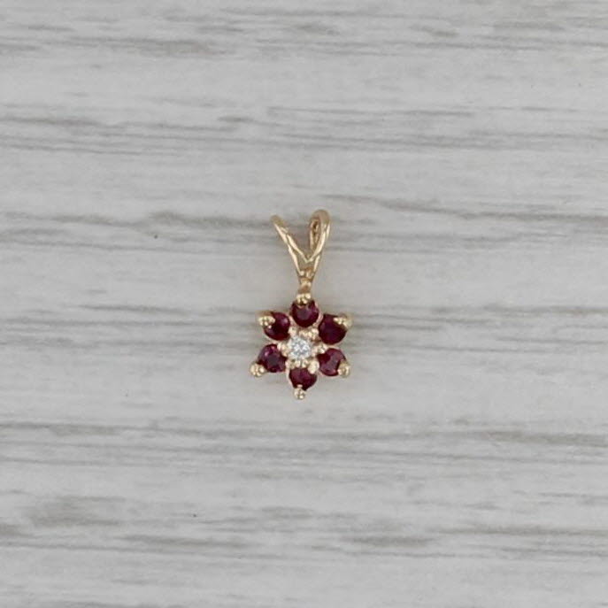 Ruby Diamond Flower Pendant 10k Yellow Gold Small Drop