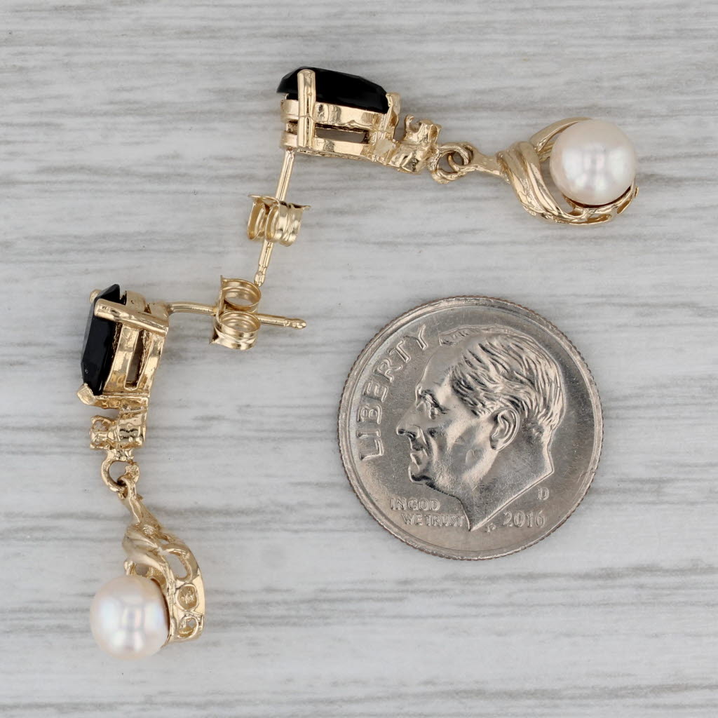 Gray Cultured Pearl Diamond Onyx Dangle Earrings 14k Yellow Gold Drops