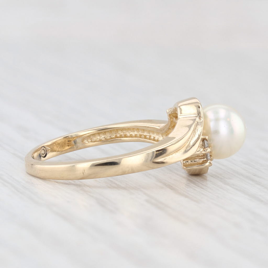 Light Gray 6.3mm Cultured Pearl Bead Diamond Ring 14k Yellow Gold Size 6