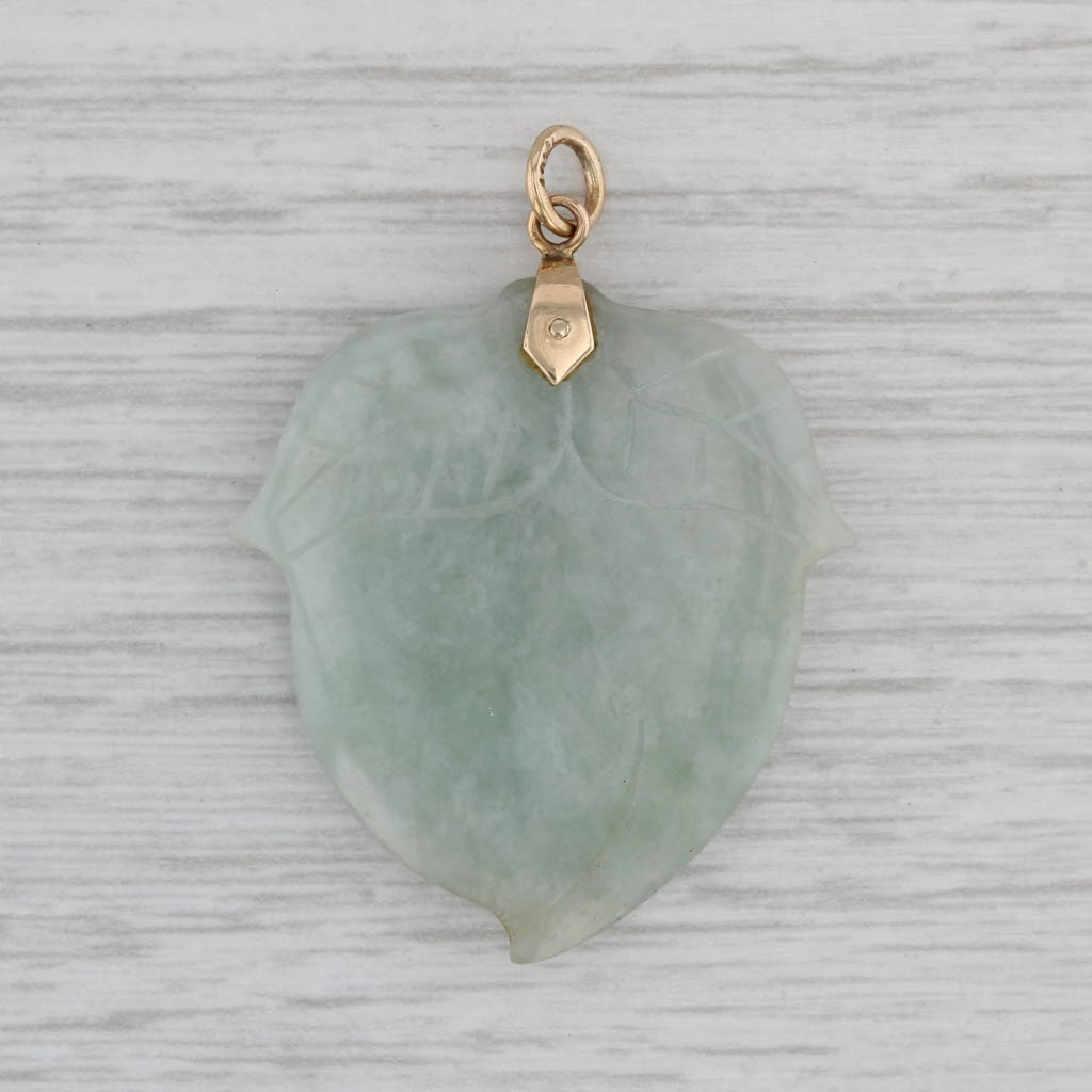 Gray Green Jadeite Jade Carved Acorn Pendant 14k Yellow Gold