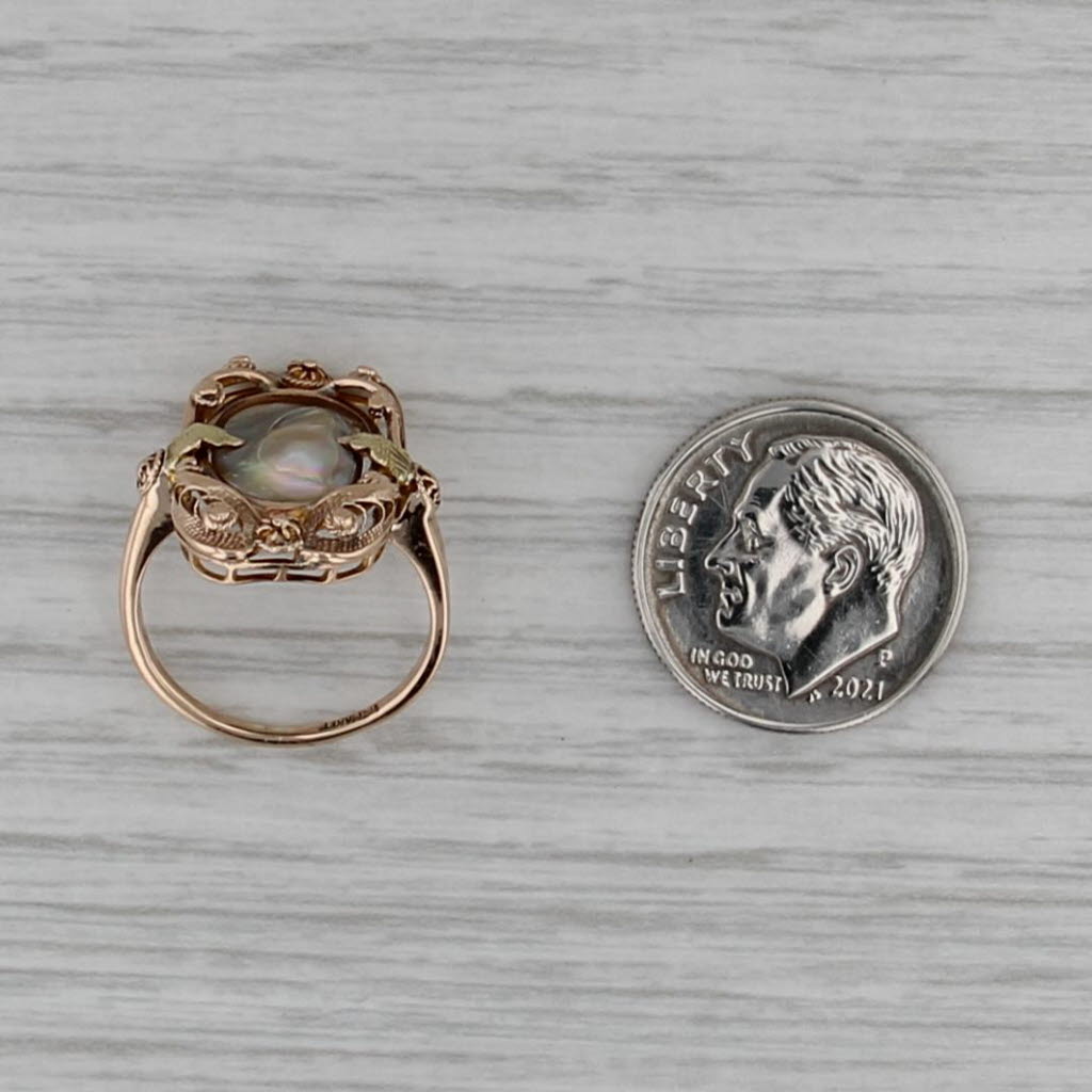 Antique Mother of Pearl Abalone Ring 9k Gold Ornate Filigree Size 4
