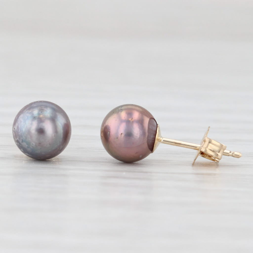 Light Gray Dyed Black Cultured Pearl Solitaire Stud Earrings 14k Yellow Gold 6.3mm