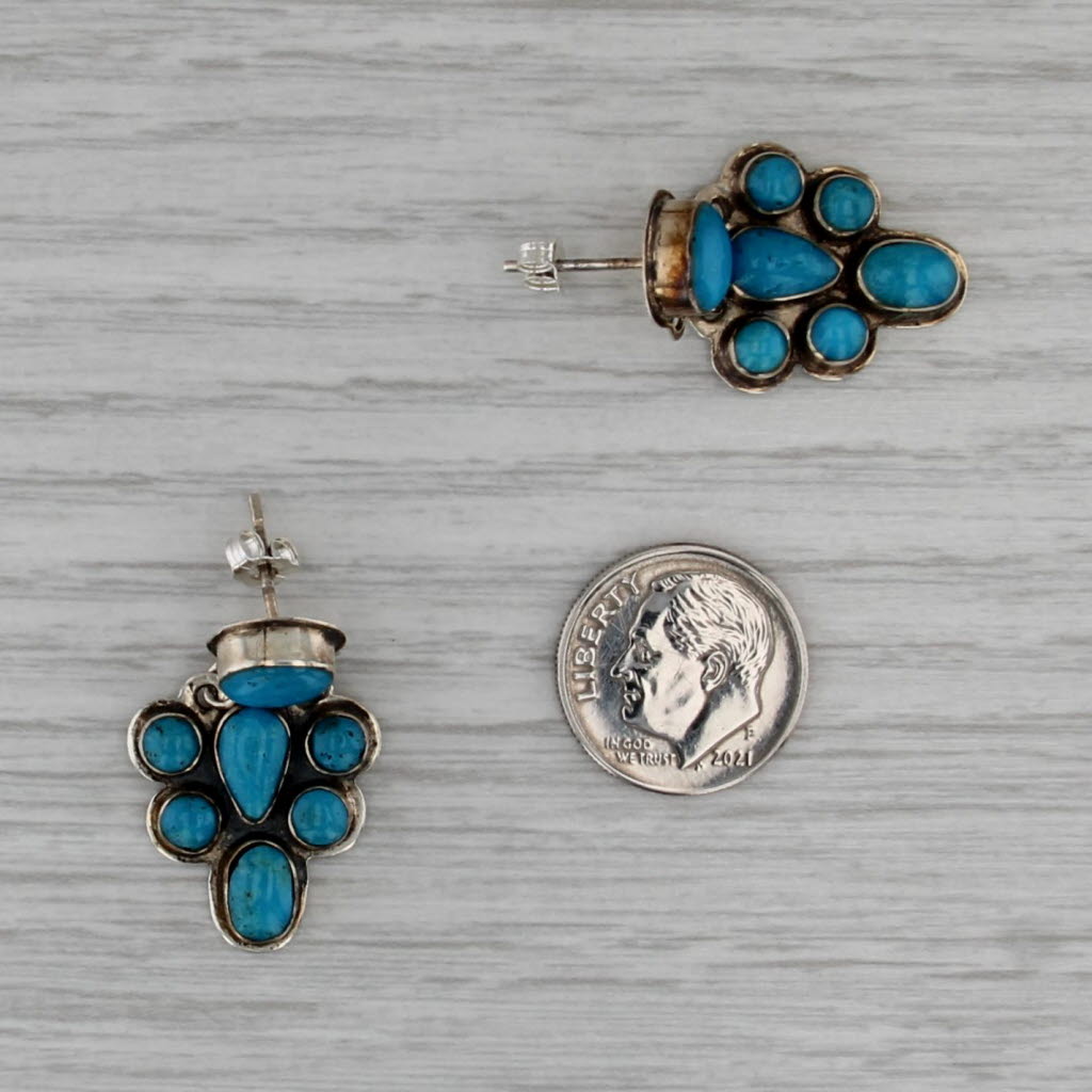Vintage Southwestern Stabilized Turquoise Cluster Drop Earrings Sterling Silver
