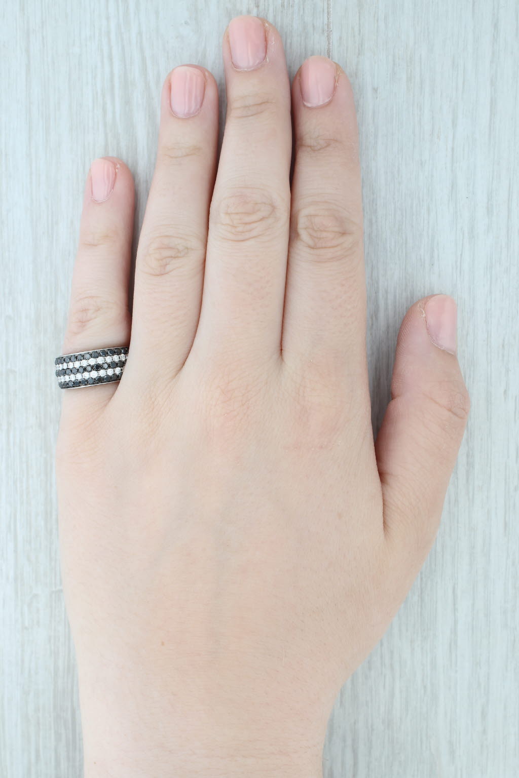 Light Gray 1.51ctw Black White Diamond Rows Ring 14k White Gold Size 6.75 Wide Band