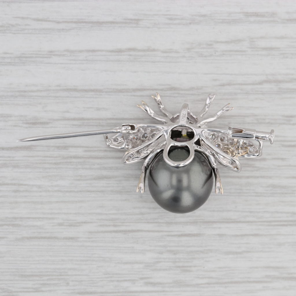 Gray Cultured Black Pearl 0.26ctw Diamond Flying Insect Brooch 18k White Gold Pin
