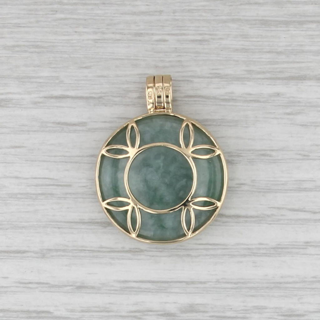 Green Jadeite Jade Cabochon Floral Framed Reversible Pendant 14k Yellow Gold