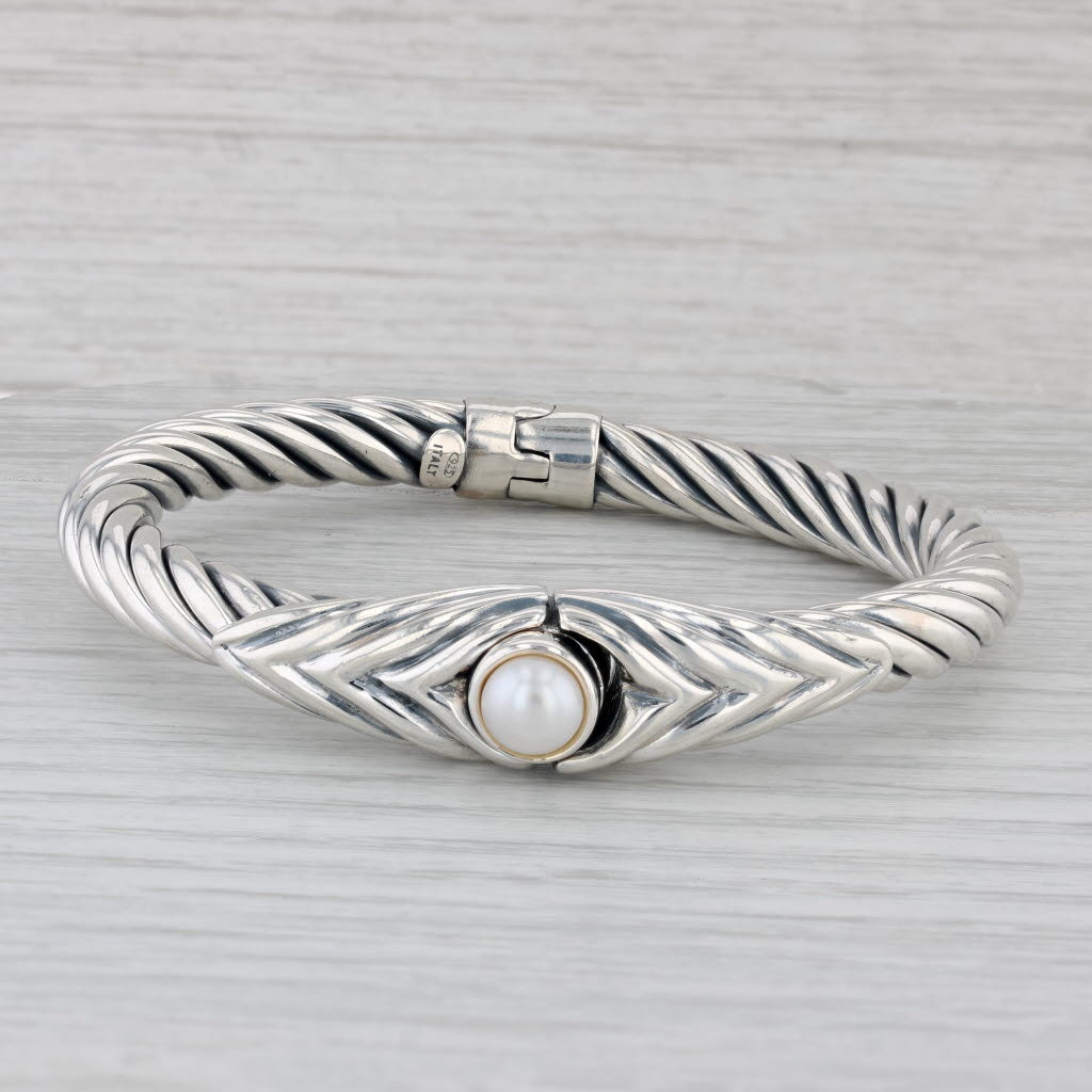 Gray Cultured Pearl Bangle Bracelet Sterling Silver Hinged 6.75" Statement
