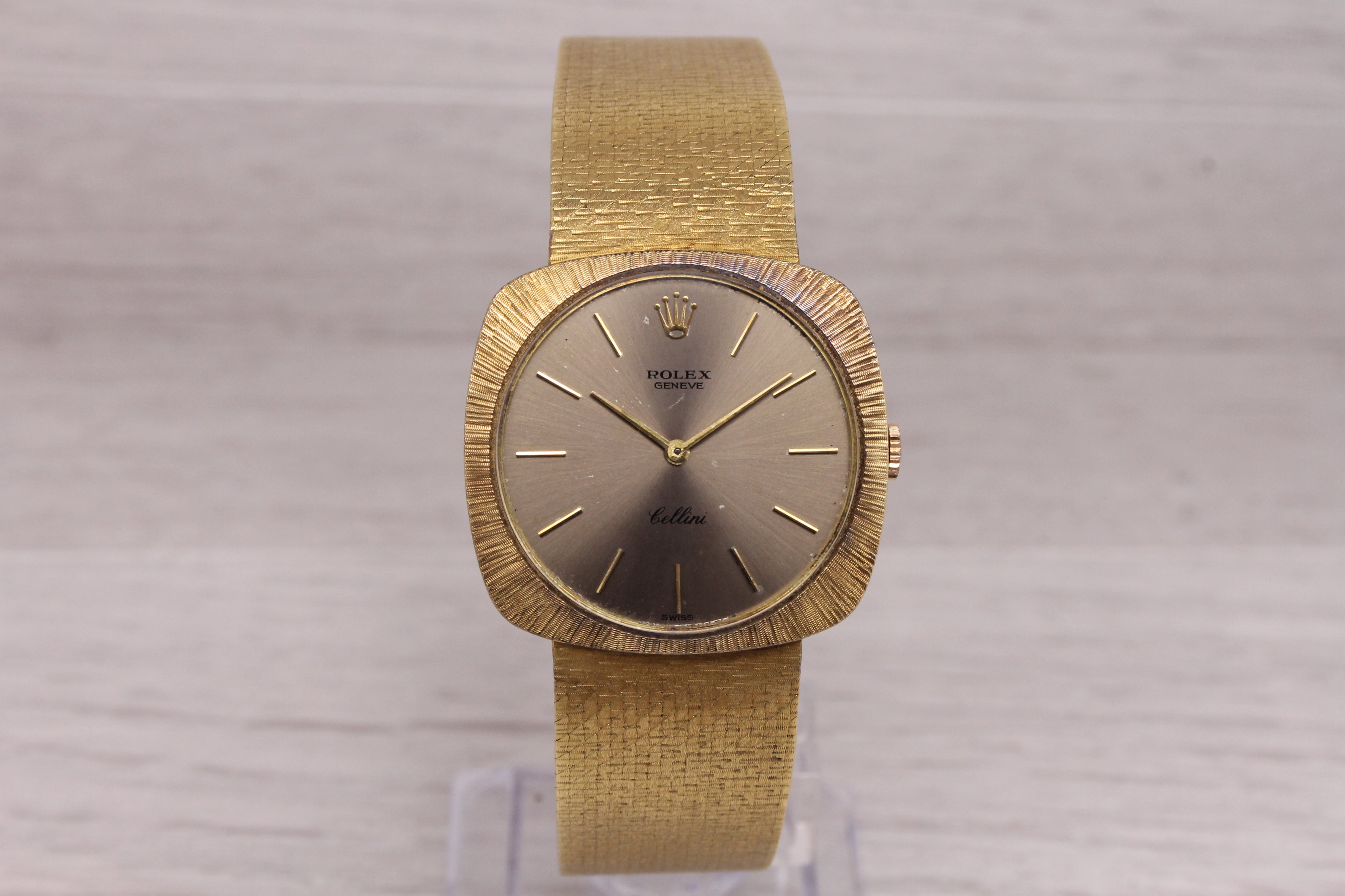 Dark Gray Vintage 1970's Rolex Cellini 18k Mens Yellow Gold Manual Heavy Bracelet Watch