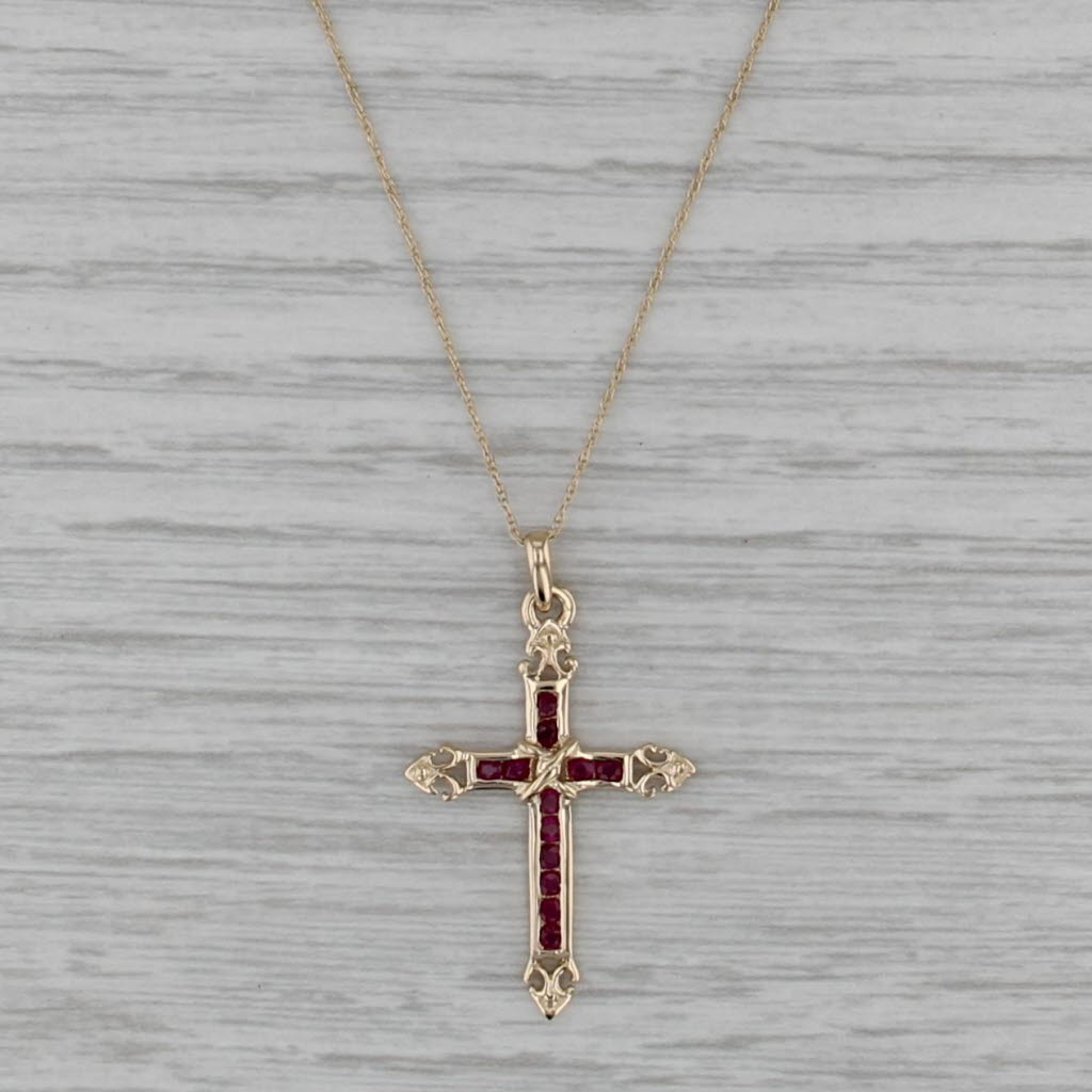0.22ctw Ruby Cross Pendant Necklace 14k Yellow Gold 19.25" Rope Chain