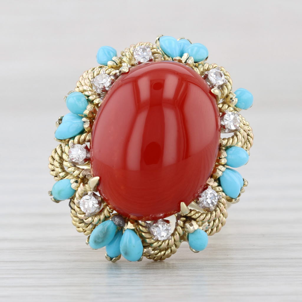 Vintage Coral Turquoise Diamond Cocktail Ring 14k Yellow Gold Size 7.5