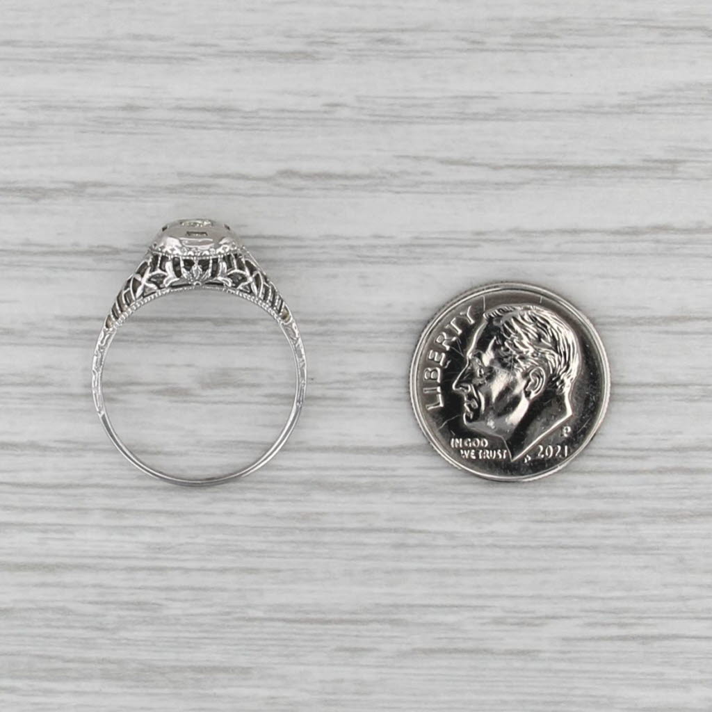 Art Deco Diamond Solitaire Ring 18k White Gold Size 7 Vintage Filigree
