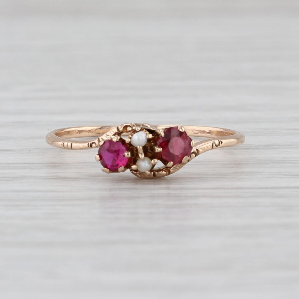 Victorian Garnet Lab Created Ruby Seed Pearl 10k Yellow Gold Size 7.5 Antique