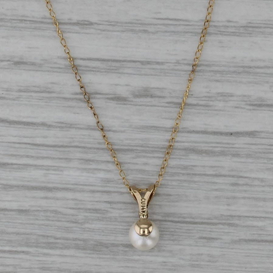 Cultured Pearl Solitaire Pendant Necklace 14k Yellow Gold 19" Curb Chain