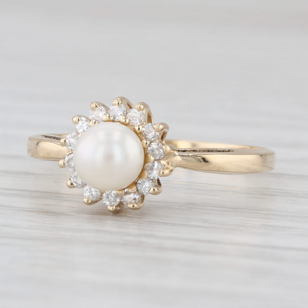 Cultured Pearl Diamond Halo Ring 14k Yellow Gold Size 6.5