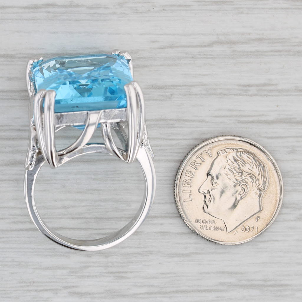 Gray 29ct Emerald Cut Blue Topaz Solitaire Ring 14k White Gold Size 7.5 Cocktail
