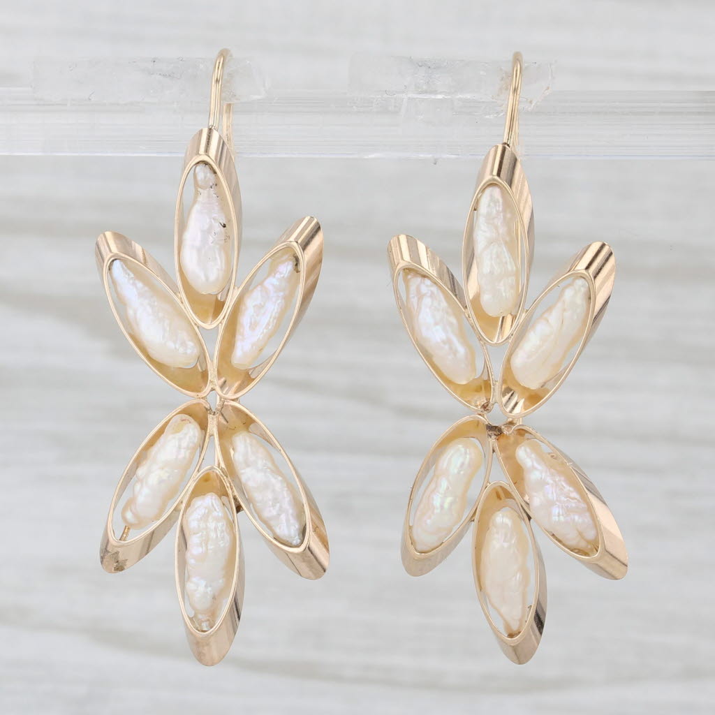 Light Gray Vintage Keshi Pearl Flower Earrings 14k Yellow Gold Hook Posts