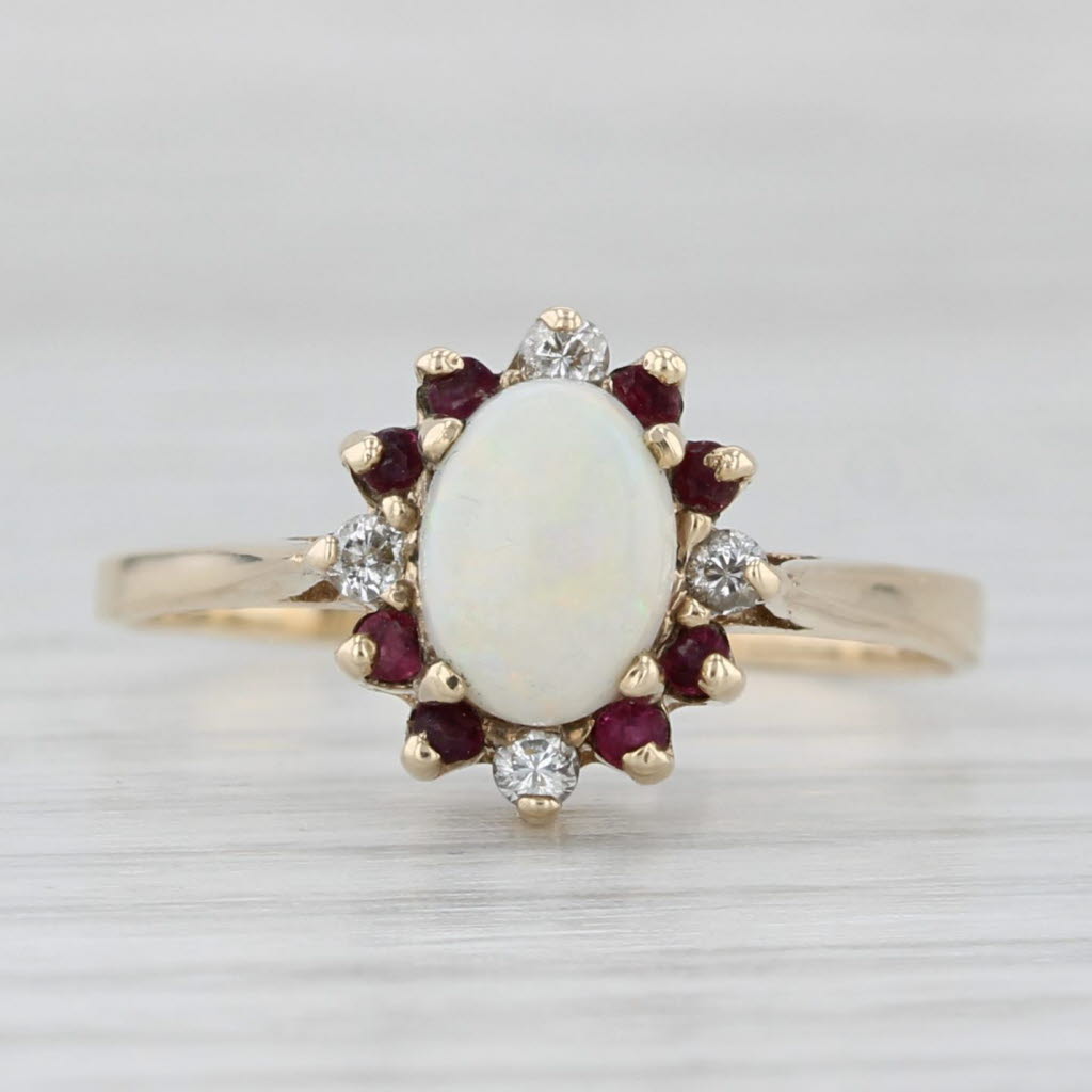 Light Gray Opal Ruby Diamond Halo Ring 10k Yellow Gold Size 7 Cathedral Band