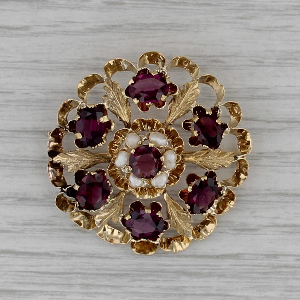 Vintage French 5ctw Garnet Pearl Flower Brooch 18k Yellow Gold Large Pin