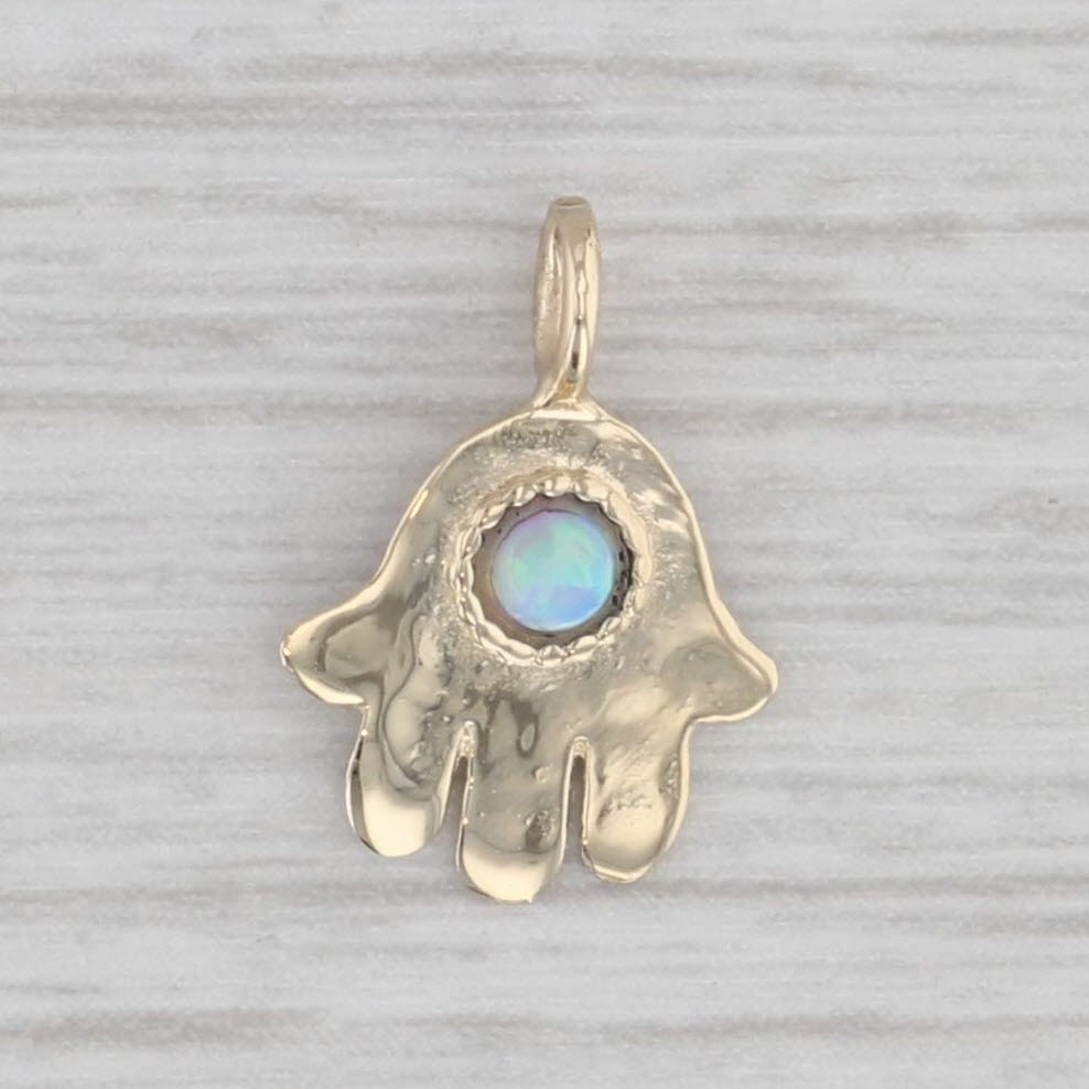 Gray Small Hamsa Hand Charm Pendant 14k Yellow Gold Lab Created Opal