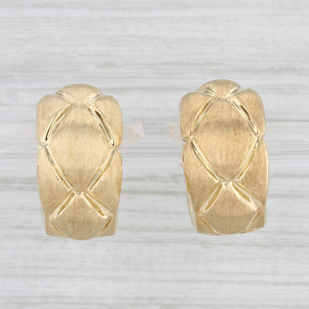 Light Gray Champesan Crosshatch Hoop Earrings 18k Gold Italian Hinged Snap Top Round Hoops