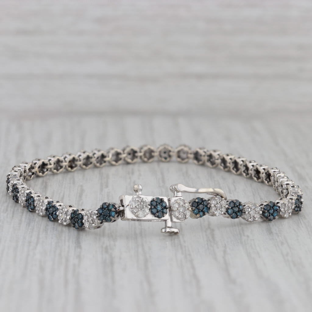 Gray 1.02ctw Blue White Diamond Flower Cluster Tennis Bracelet 10k White Gold 7"