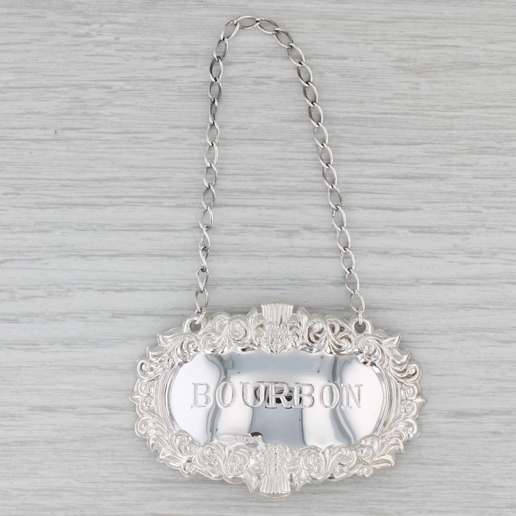Gray Vintage Bourbon Decanter Bottle Tag Charm British Sterling Silver Barware Ornate