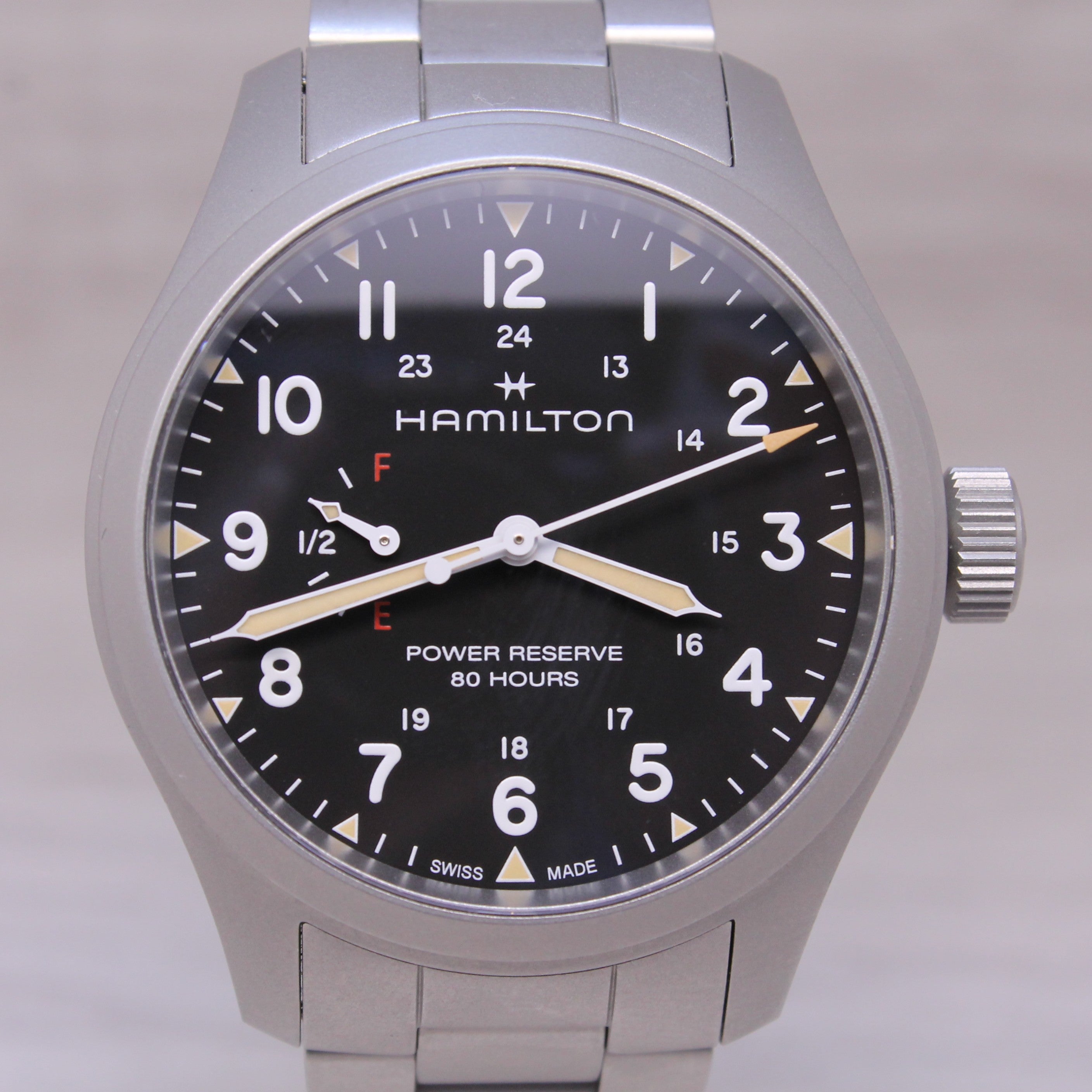 Hamilton Khaki Field Mechanical Power Reserve 40mm Mens Steel Watch w Box