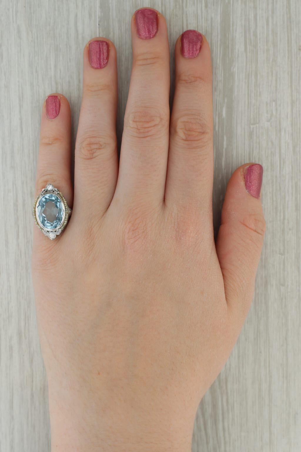 Rosy Brown Vintage Lab Created Blue Spinel Diamond Pearls Filigree Ring 14k White Gold Sz 6