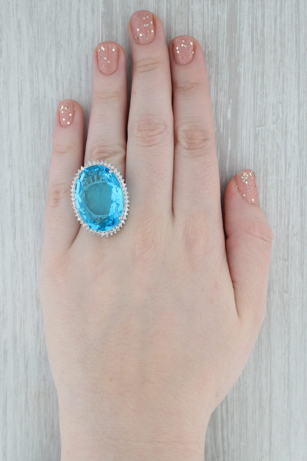 Gray Sterling Silver Cocktail Portuguese Blue Glass Halo Statement Size 9.25 Ring