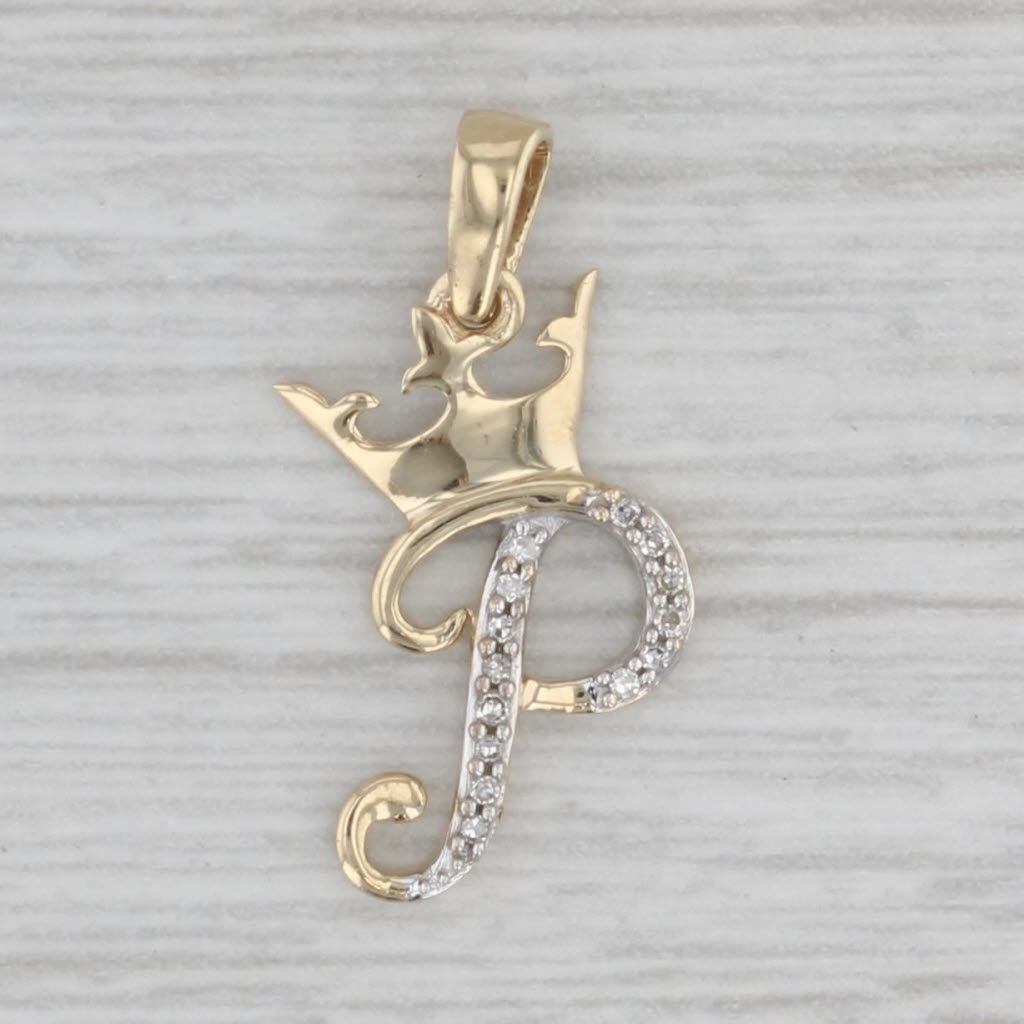 Gray Small Diamond Crowned Letter P Pendant 10k Gold Princess Initial Charm
