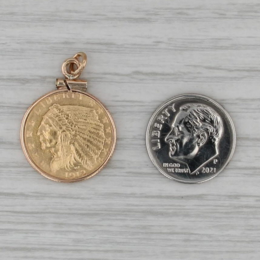 Authentic 1912 Indian Head $2.50 Coin Pendant 90% Gold Coin Gold Filled Bezel