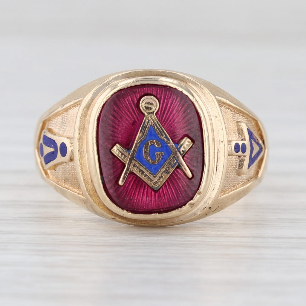 Masonic Blue Lodge Square Compass Signet Ring 10k Gold Lab Created Ruby