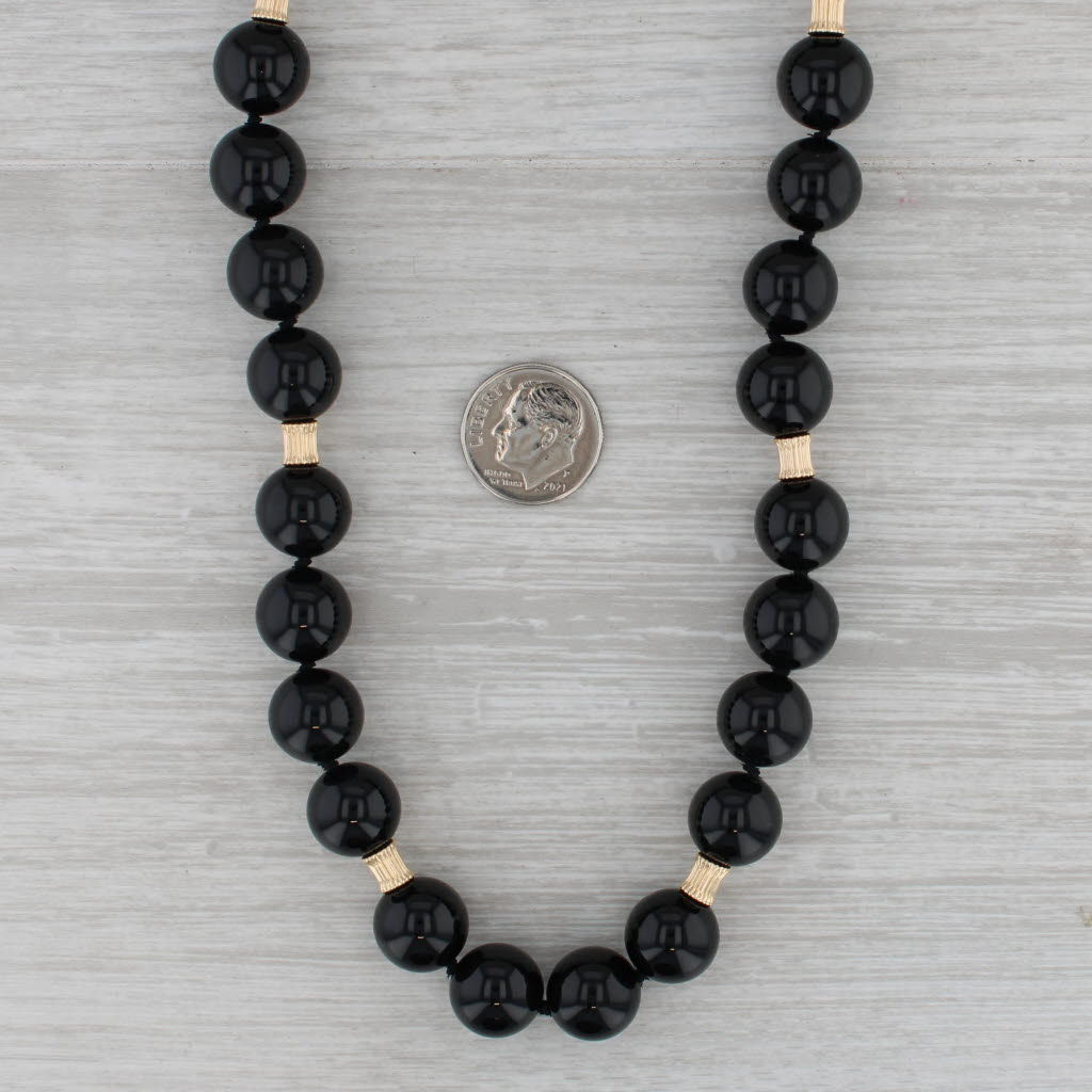 Gray Onyx Bead Necklace 14k Yellow Gold Statement 16.5"